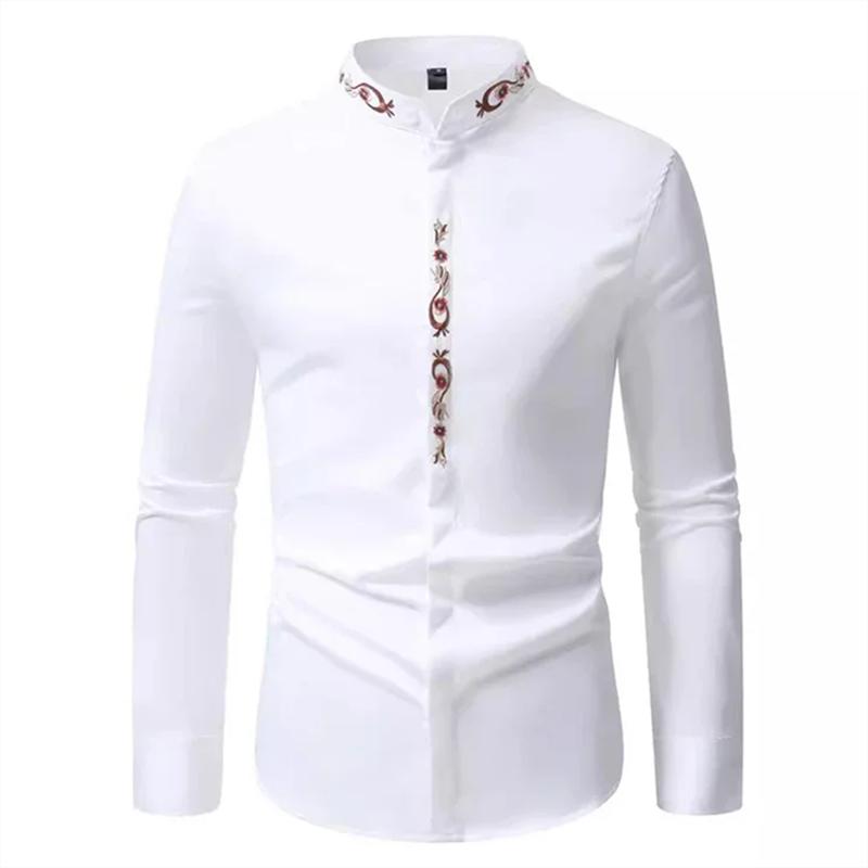 Herrenmode Stehkragen Bestickte Hemden Einfarbig Langarm Knöpfe Slim Business Casual Arbeitshemd