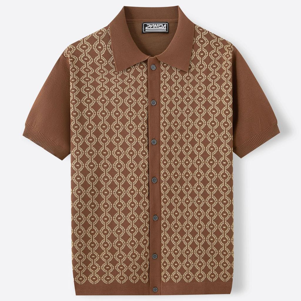 Men's Knitted Short Sleeve Shirts Casual Breathable Button Down Collared Striped Shirt Tops Summer Vacation Vintage Knit Golf Beach Shirts Top for Men