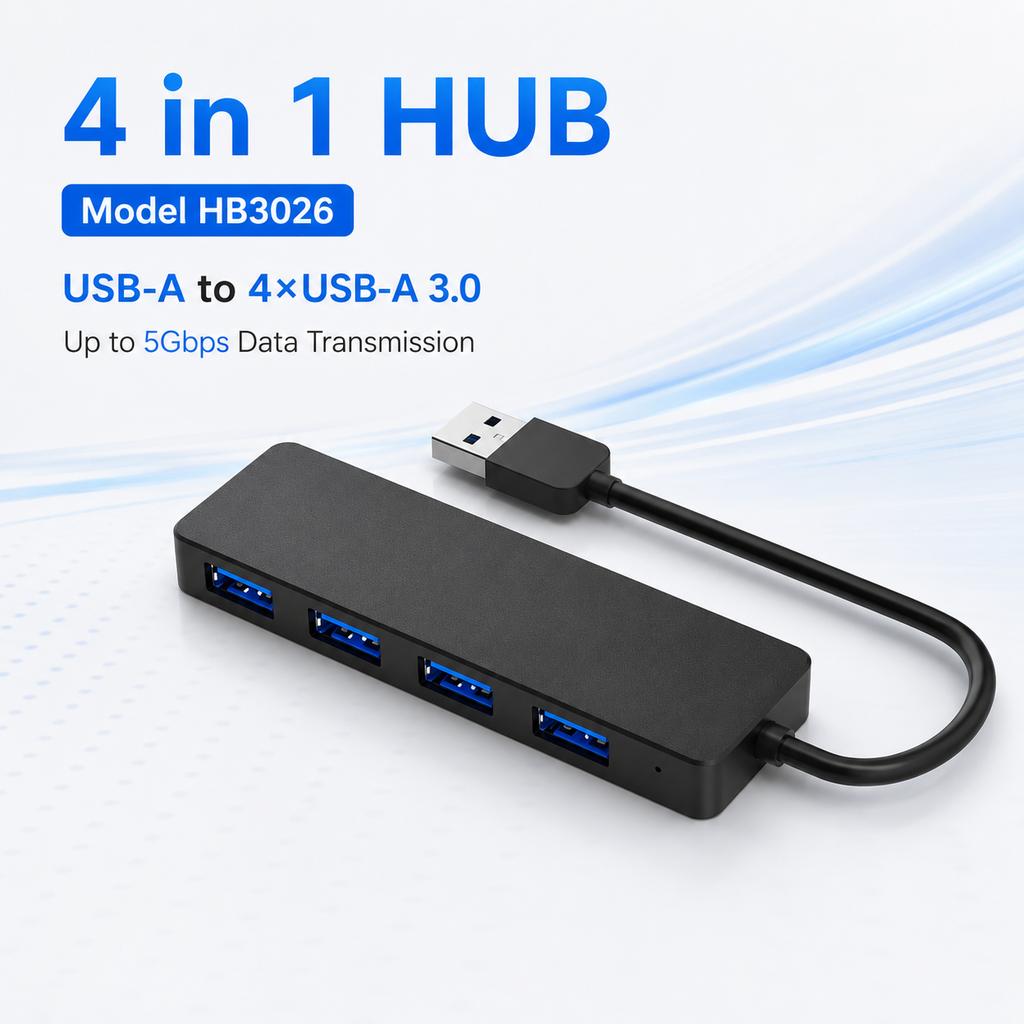 4-Port USB 3.0 Hub 5Gbps High Speed 4-in-1 Portable ABS USB Splitter Plug-and-Play Expansion for Laptops & PCs in Stock