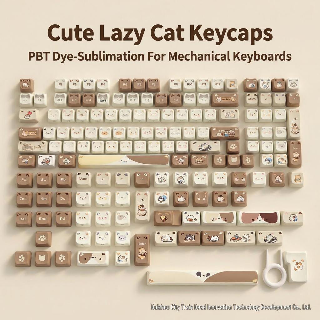 Meow Keycaps: Cute Sea Salt, Pink & Black, MAO Height, Cat Head Design, PBT Material, Includes 2.25U, 2.75U, 7U Spacebars.