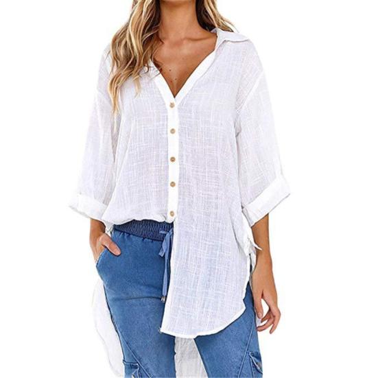 Women Casual Long Sleeve Turn Down Collar Irregular Hem Belt Buttons Loose Shirt