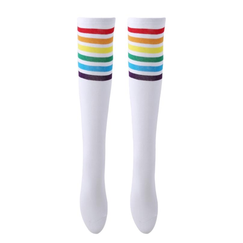 1Pair Girls Thigh High Socks Over Knee Rainbow Stripe Football Socks