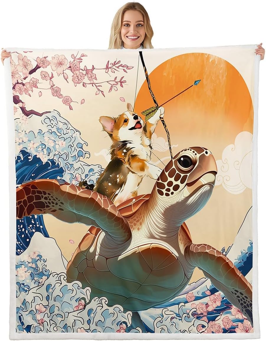 Japanese Style Sherpa Blanket Fun Corgi Dog Dragon Blanket for Kids Children Sea Ocean Wave Throw Blanket for Chair Kawaii Dog 75x100cm
