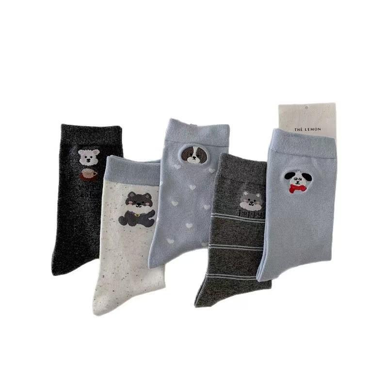 Little Dog Embroidery Gray-blue Series Socks, Women's Mid-calf Socks, Versatile Cotton Socks, Boneless Cartoon Cute Pile Socks
