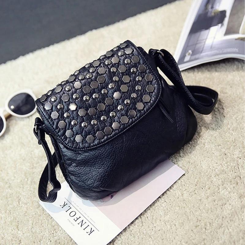 Soft PU Leather Women Messenger Bag Casual Ladies Shoulder Crossbody Bag Female Vintage Rivet Handbag Black