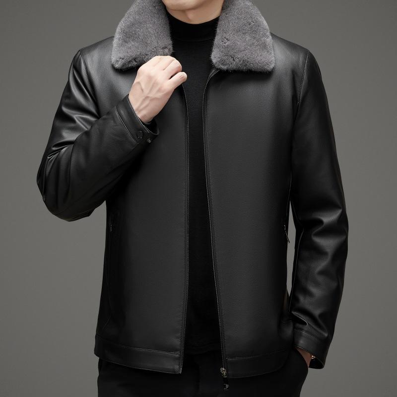 Кожаная куртка с воротником из натурального меха — фото 7