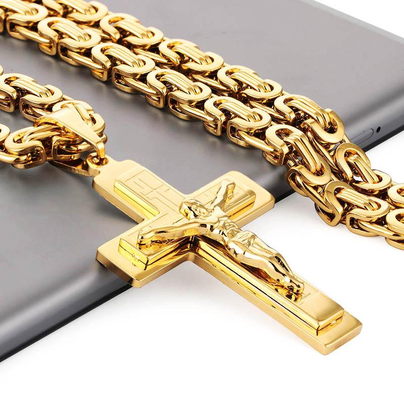 Collana con ciondolo a croce in acciaio inossidabile per uomo religioso, pesante collane a catena bizantina, gioielli sacri di Gesù Cristo