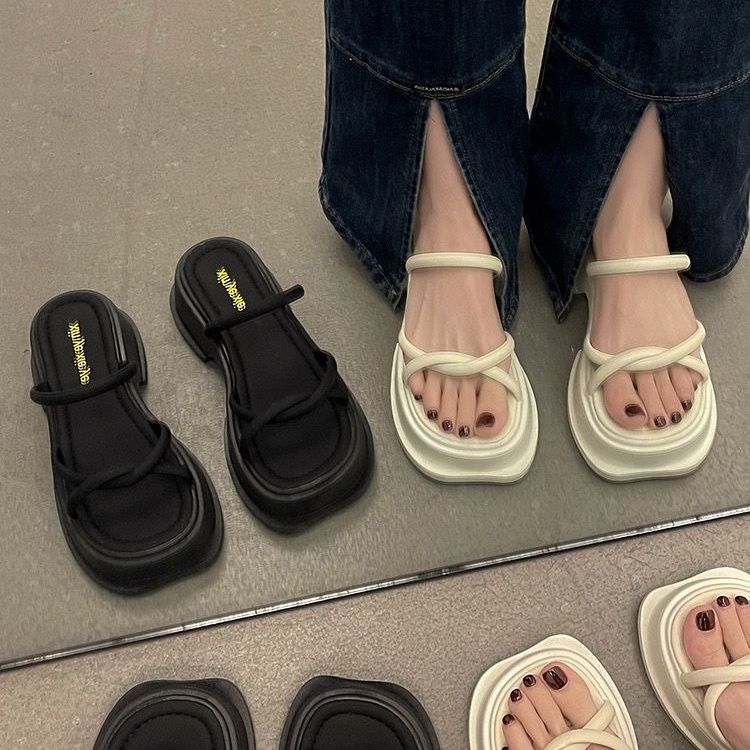 French cool slippers women's summer outer wear 2025 new fashionable versatile thick heel fairy style design sense niche high heels