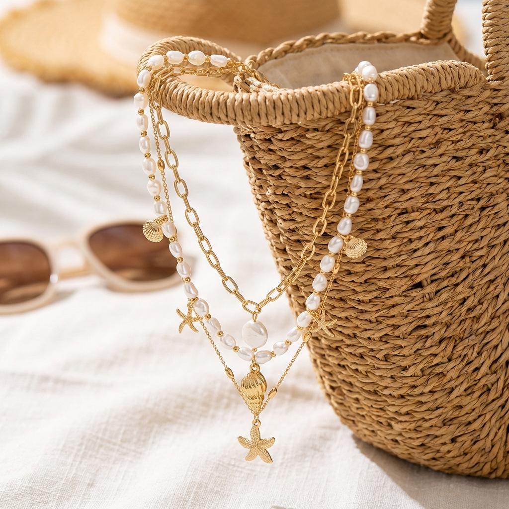 Damen Bohemian Resort Stil Seestern Perle Mehrschichtige Halskette Vielseitiges Strandaccessoire
