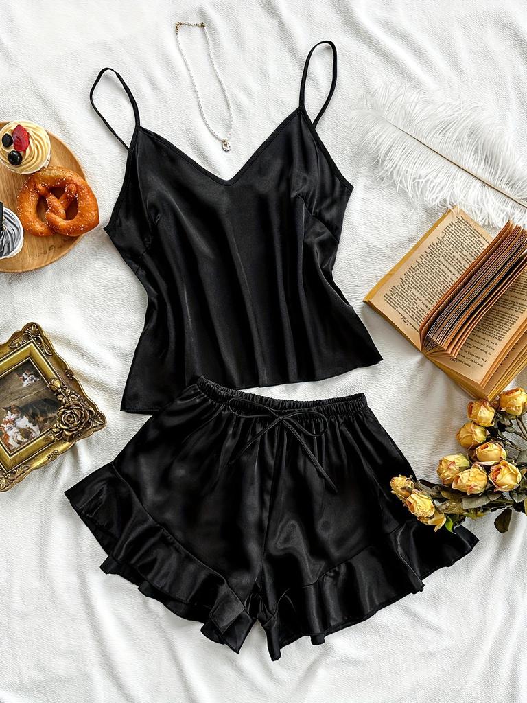 Women's Backless Spaghetti Strap Imitation Silk Pajamas Set - Casual, Fashionable, Sexy Shorts Lounge Wear