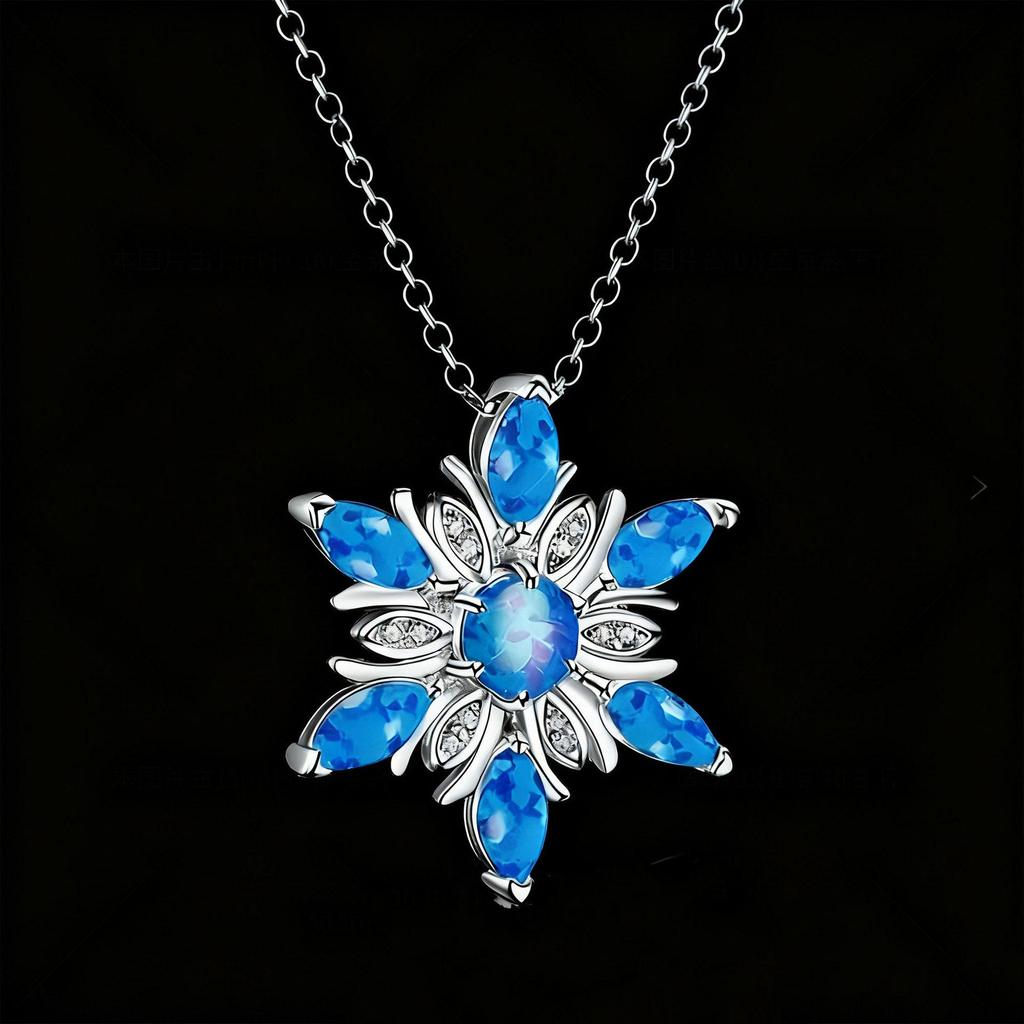 Snowflake Pendant Necklace - Imitation Opal Fashion Accessory for Christmas Parties