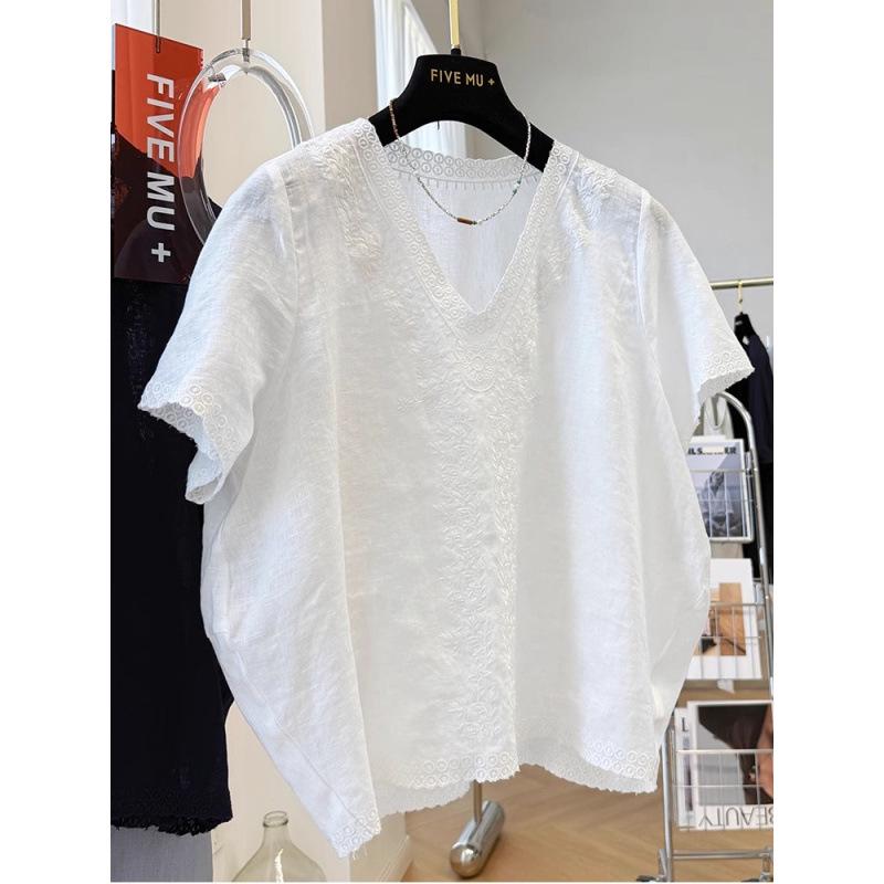 Women s French-Style V-Neck Cotton Linen Embroidered Top - Summer Short Sleeve Shirt XXL