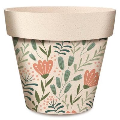 [R6628] - Bamboo Planter 'Flowers' Green Pink Beige - 17x15 Cm