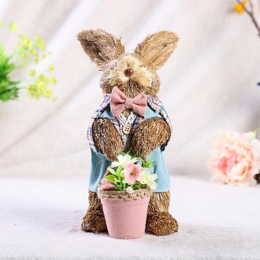 Cute Straw Easter Rabbit Figurine Bunny Sculpture Crafts Standing Animal for Table Wedding Indoor Decoration Gift