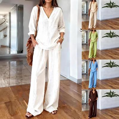 2026 Women's V-Neck Casual Pullover & Extended Pants Set - Washed Cotton, Multi-Color, Long Sleeve