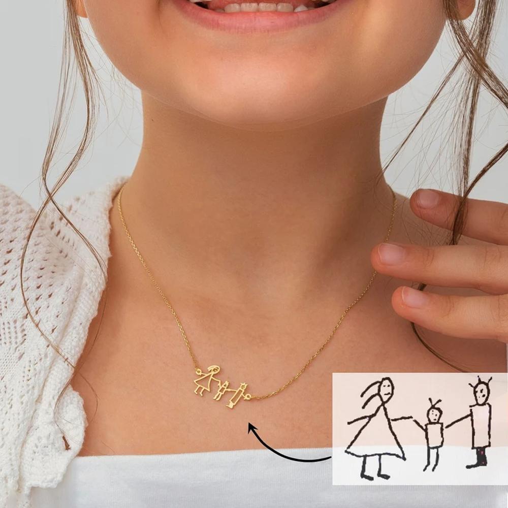 Atoztide Children's Drawing Necklace Bracelet Keychain Personalized Stainless Steel Jewelry Set Kids Actual Artwork Doodle Gift