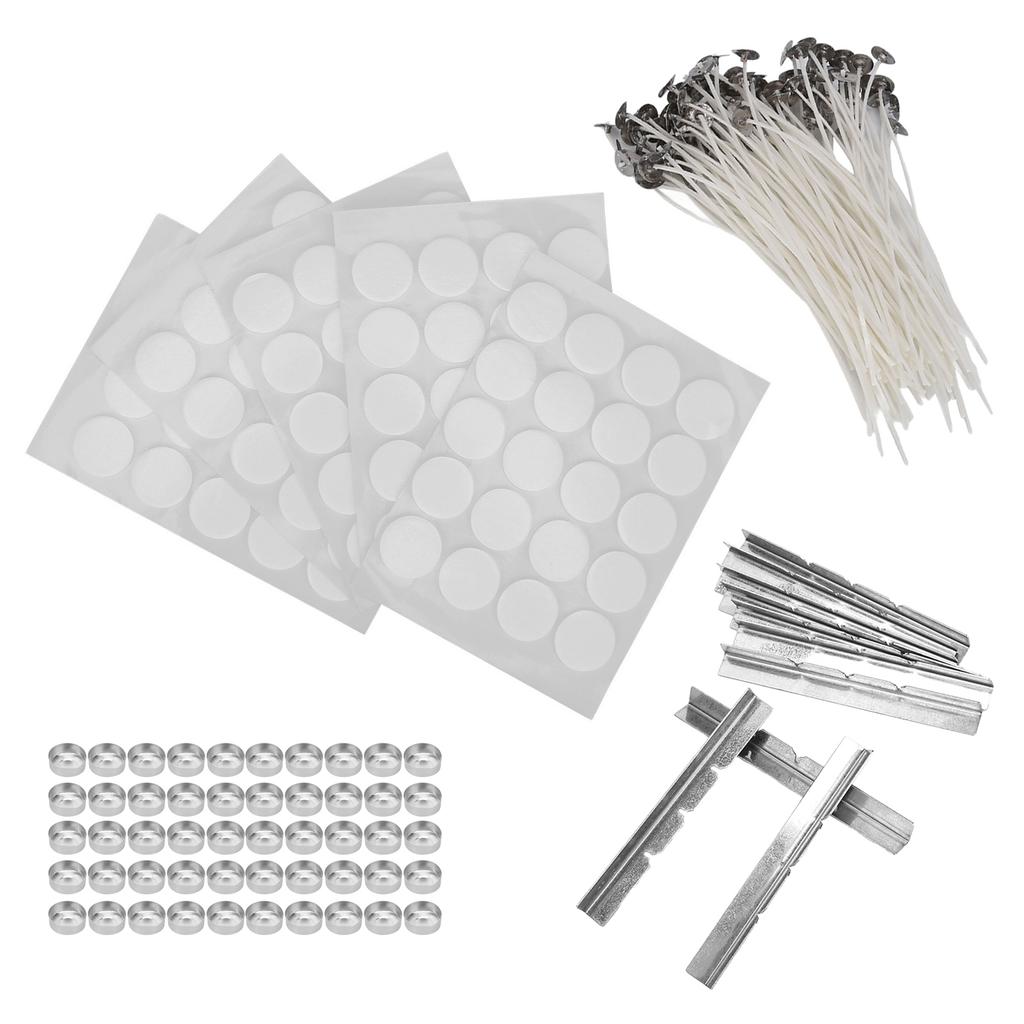 260pcs 15cm Candle Wicks 100Pcs Double Sided Tape Stickers 50Pcs Candle Shells 10Pcs Stainless Steel Wicks Holders