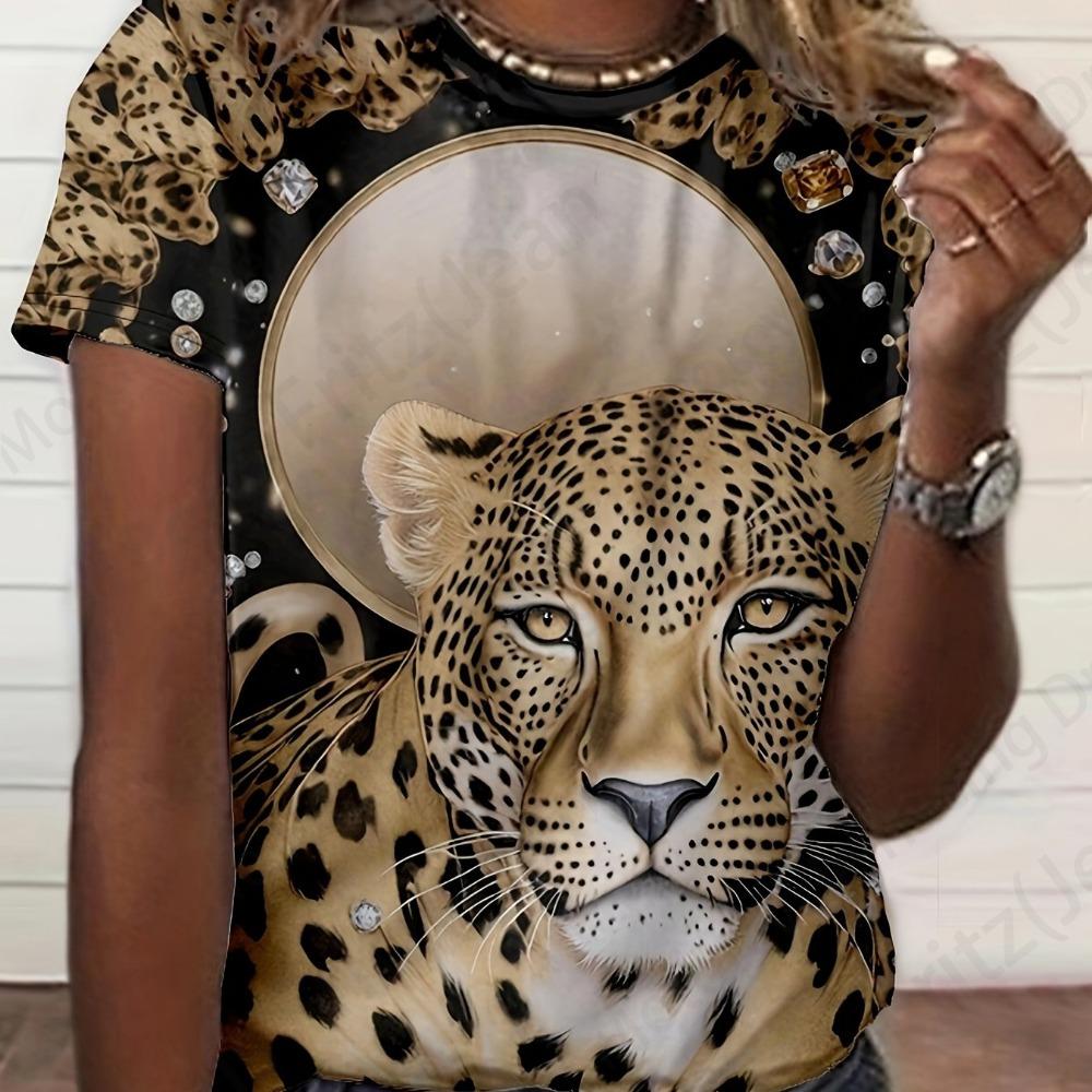 Women's 3d Tiger Print T-shirt, Round Neck Short Sleeve Casual T-shirt, Animal T-shirts, Floral T-shirts