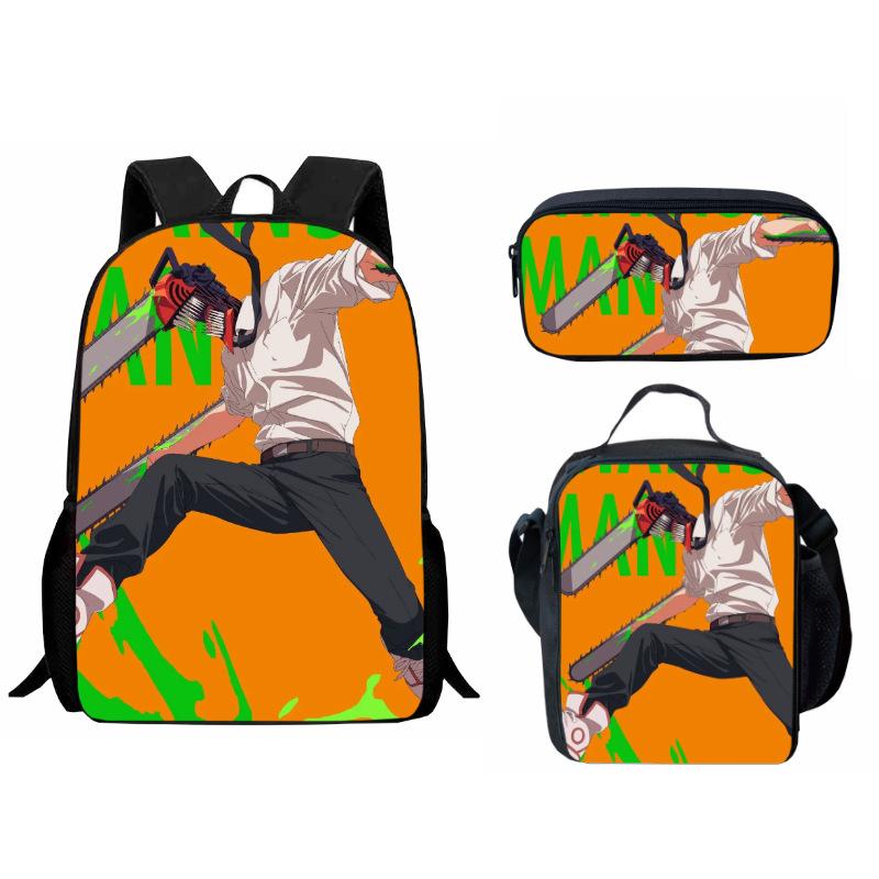 Printed Day Man Two-Dimensional Chainsaw Man Student Schoolbag Three-Piece Cartoon Backpack Lunch Bag