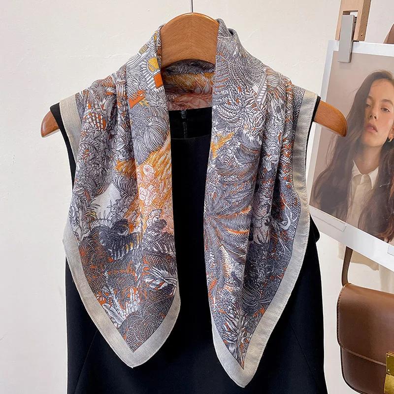 New Luxury Floral Print Velvet 70cmSquare Scarf Women Hair Headband Soft Cotton Neckerchief Female Neck Tie Lady Head Hijab Gift