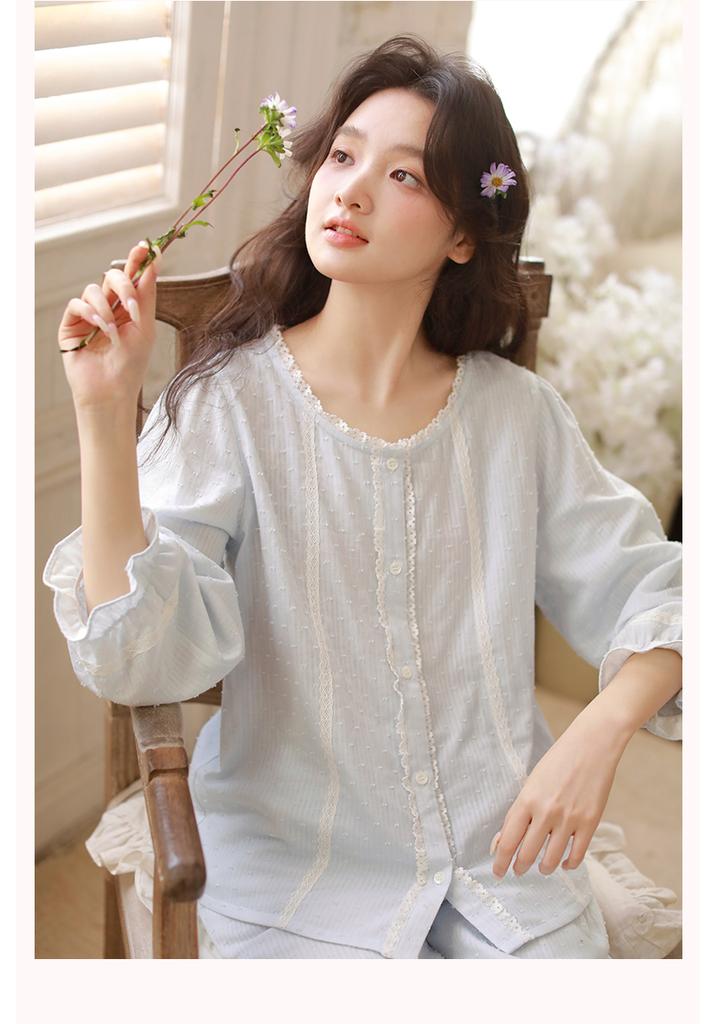 Qingmu Women's Gauze Nine Sleeve Pants Home Clothes Set