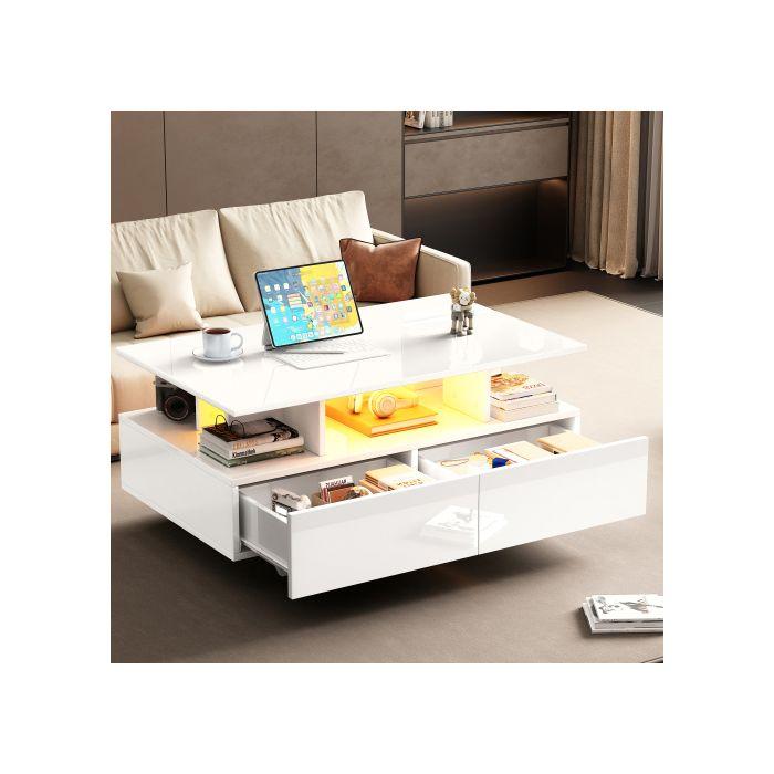 Măsuță de cafea - MUVOE - 90x55x41 cm - Iluminare LED - 2 sertare - Sarcină maximă. 30 kg