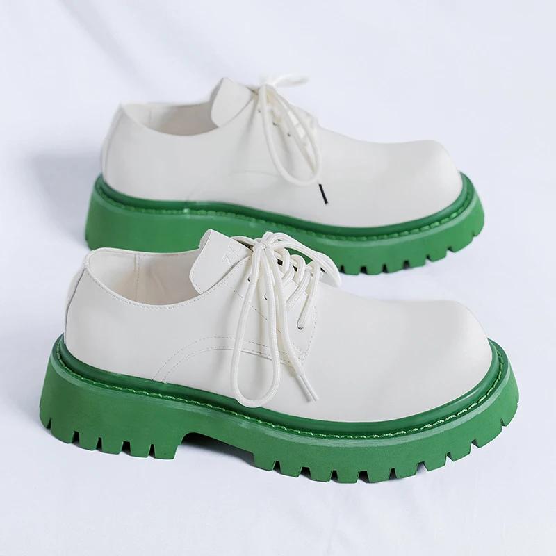 Fashion Brand Men's Lace Up Oxford Shoes Thick Sole Business Wedding Shoes Round Toe Green Sole Platform British Outdoor Casual Shoes
