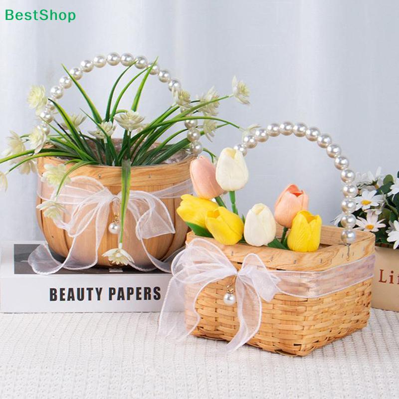 Woven Rattan Wedding Flower Girl Basket with Pearl Handle & Ribbon Bow,Handwoven Storage Basket for Wedding, Party & Home Decor