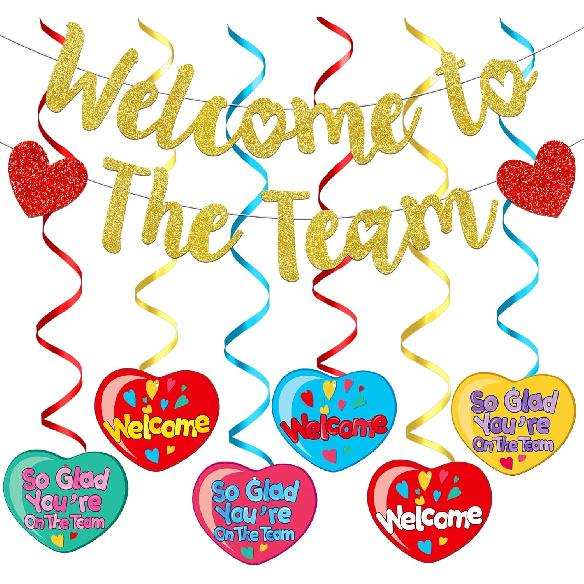 Gold Glitter Welcome To The Team Banner and Hanging Swirls, Welcome Banner, Welcome Sign, Welcome Decorations for New Employee Coworker Teacher