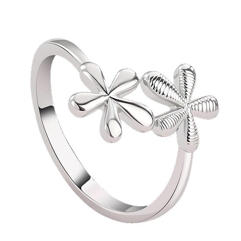 Glossy Brushed Floral Open Ring for Women - Adjustable, Minimalist Japanese Korean Style