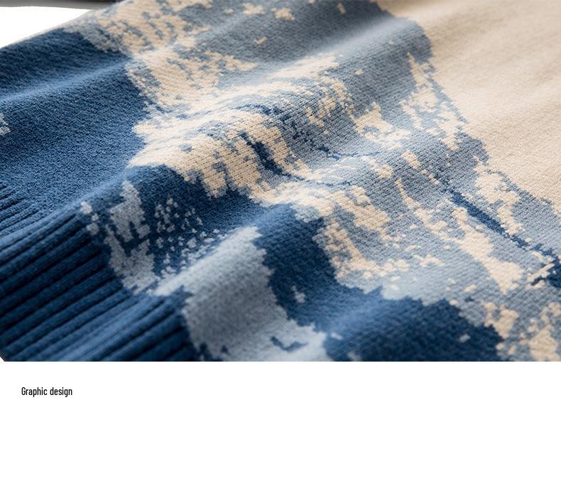 Men's Hong Kong Style Tie-Dye Snow Mountain Sweater: Trendy Round Neck, Loose Fit, Knitted, Long-Sleeve.