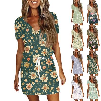 Kadın Yaz Günlük Moda Düz Renk İpli V Yaka Kısa Kollu Elbise
