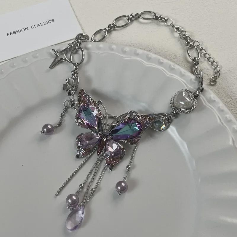 Elegant Purple Diamond Butterfly Tassel Necklace - Trendy Sweet Cool Design
