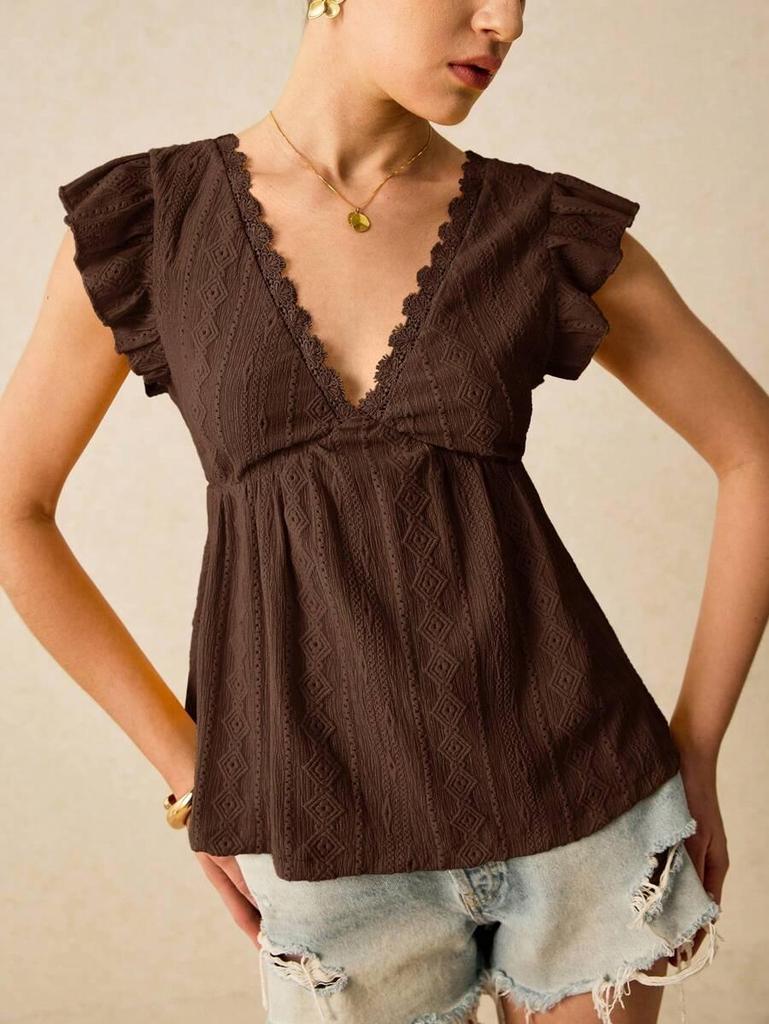 2026 European & American Fashion White Embroidered Deep V-neck Petal Sleeve French Style Women's T-shirt