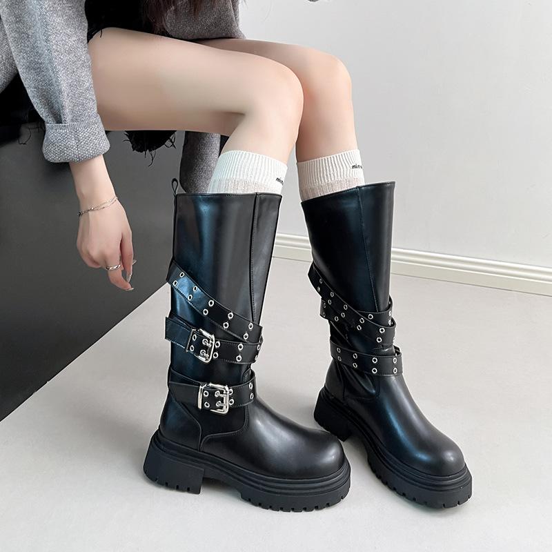 Wide tube thick sole belt buckle boots women's 2025 new punk British style thick heel thin heightening knight boots tall tube