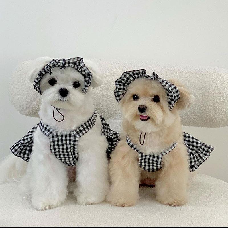 Ins Black Plaid Puppy Dog Shirt Princess Style Dress Teddy Pomeranian Small and Medium Dog Cat Pet Clothes