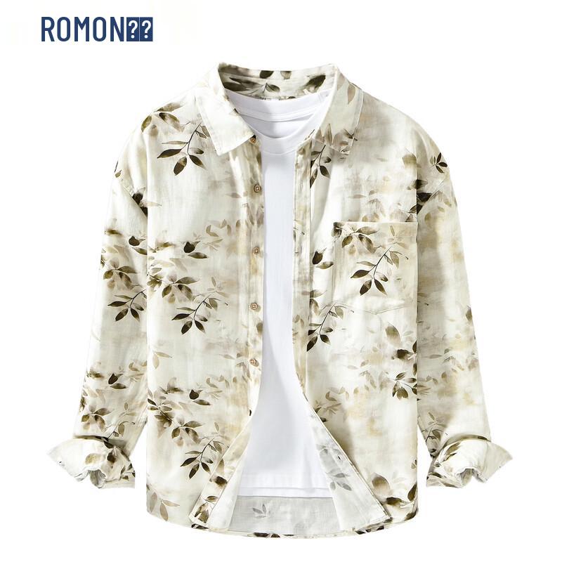 ROMON Men's Lyocell Blend Loose Fit Long Sleeve Printed Shirt