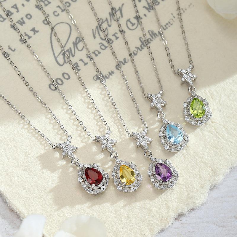 S925 sterling silver drop-shaped natural crystal stone pendant s925 sterling silver butterfly-shaped necklace niche light luxury collarbone chain
