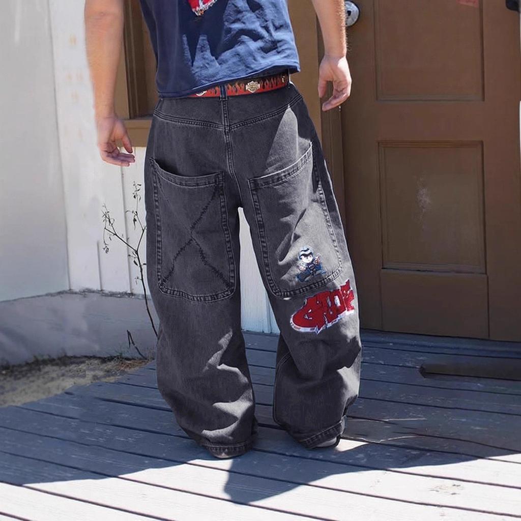 BeatStreet Men Fashion Hip Hop Retro Baggy Jeans Y2K Gothic Embroidery Punk Straight Wide-leg Denim Pants Gloe Gallery Street Jeans