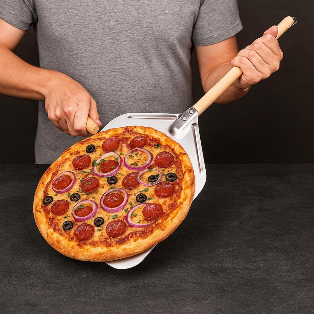 Lightweight 12 Inch Pizza Shovel Stainless Steel Wooden Handle Pizza Peel Perforated Anti-scalding Pizza Turning Tool Bakery