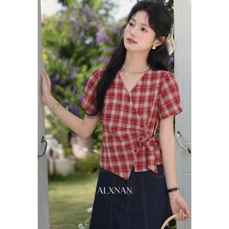 Women s French Style Red Plaid Button-Up Shirt L