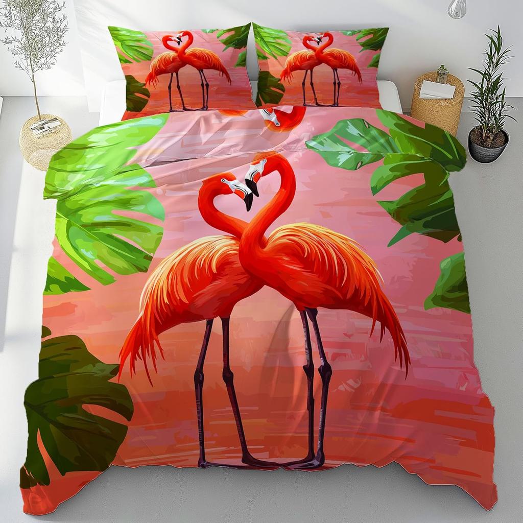 Flamingo Tropical Bedding Sets, Palm flower plant Duvet Cover Microfiber, Leaf Plant Duvet Covers With Zipper and Pillow Covers