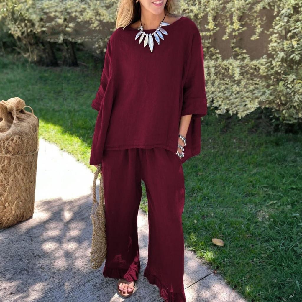 Damen Locker Bequem Lässig Modisch Baumwolle Und Leinen Einfarbig Ellbogenärmeliges Oberteil Und Hose Zweiteiliges Set