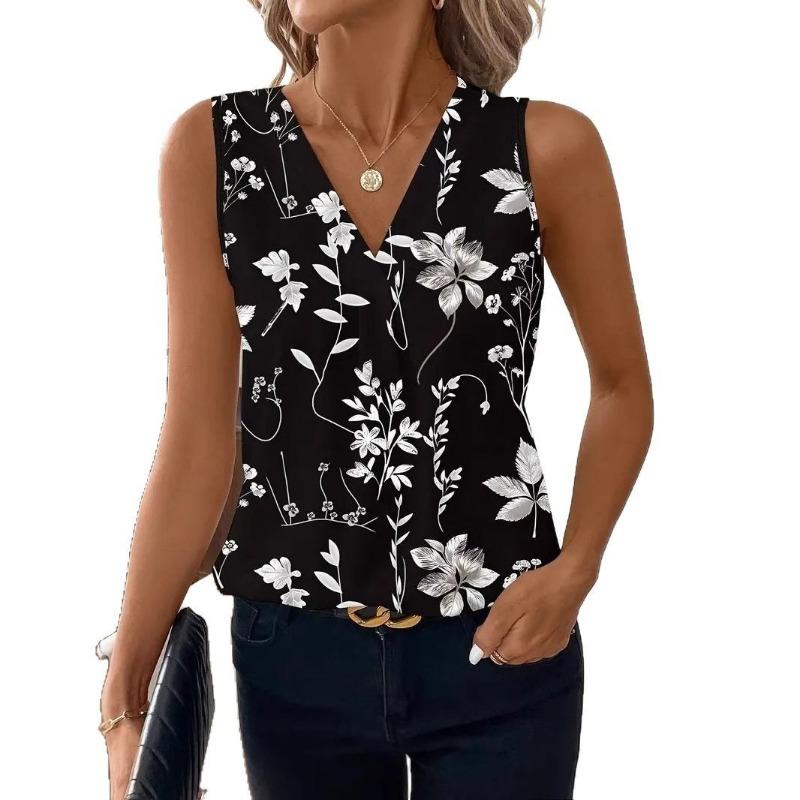 Women V Neck Front Pleated Peony Floral Print Sleeveless Slim Casual Blouse S чёрный