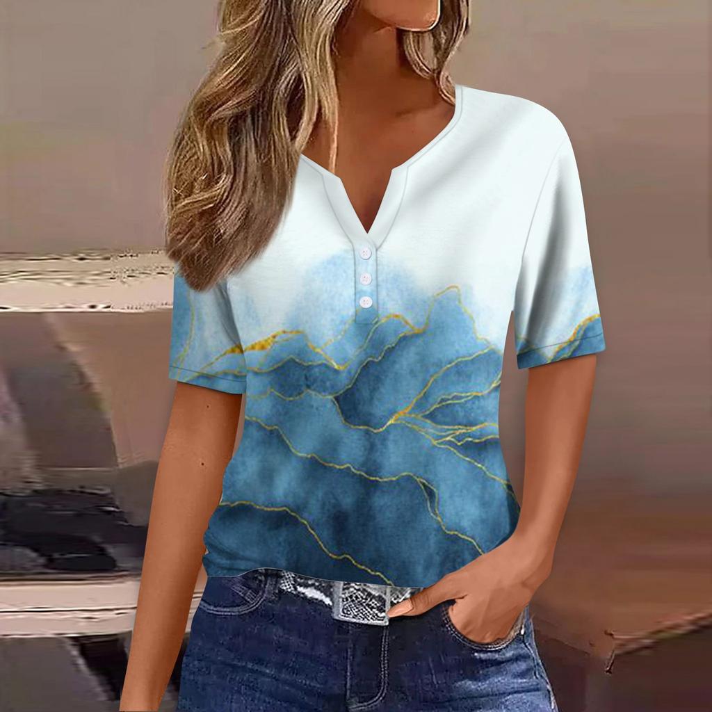 Women's T Shirt Tee Print Button Short Sleeve Daily Weekend Fashion Basic V- Neck Regular Top