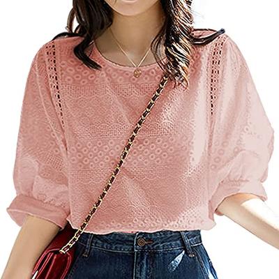 Chemisier Blouse en Dentelle pour Femme Yino avec Broderie Florale, Manches Courtes, Col en U, Maille Ajourée, Amincissant, Mignon, Élégant, Manches Volumineuses, Féminin, Ca
