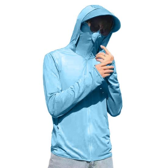 Men Summer Sun Protection Clothing Hooded Drawstring Long Sleeve UV Protection Coat Solid Color Zipper Placket Anti-UV Fishing Clothing