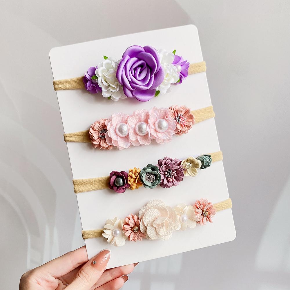 3/4Pcs/set Cute Artificial Flower Baby Headband Newborn Elastic Nylon Hair Bands Toddler Hairbands Headwear Kid Accessories Gift