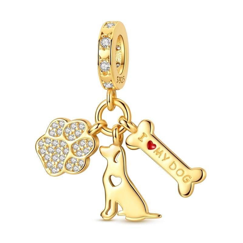 S925 Silver Cute Dog Charms Bead Keychain Animal Puppy Teddy Yorkshire Terrier Crab Paw Whale Rooster Snake Crocodile Jewelry