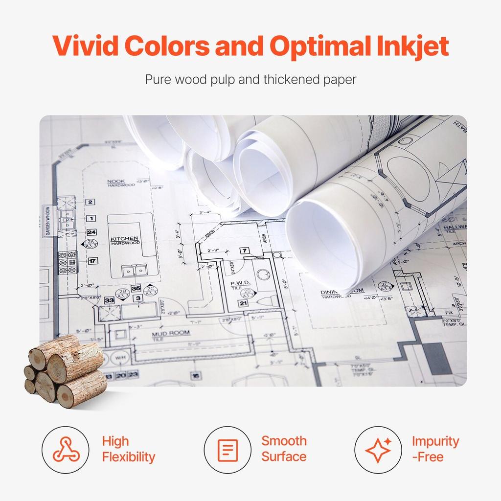 Wide Format Paper Plotter Paper 4 Rolls 24 in x 150 ft CAD Bond Rolls